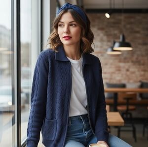 Allison Daley Blue Diamond Stitch Knit Full Zip Cardigan Jacket with Pockets